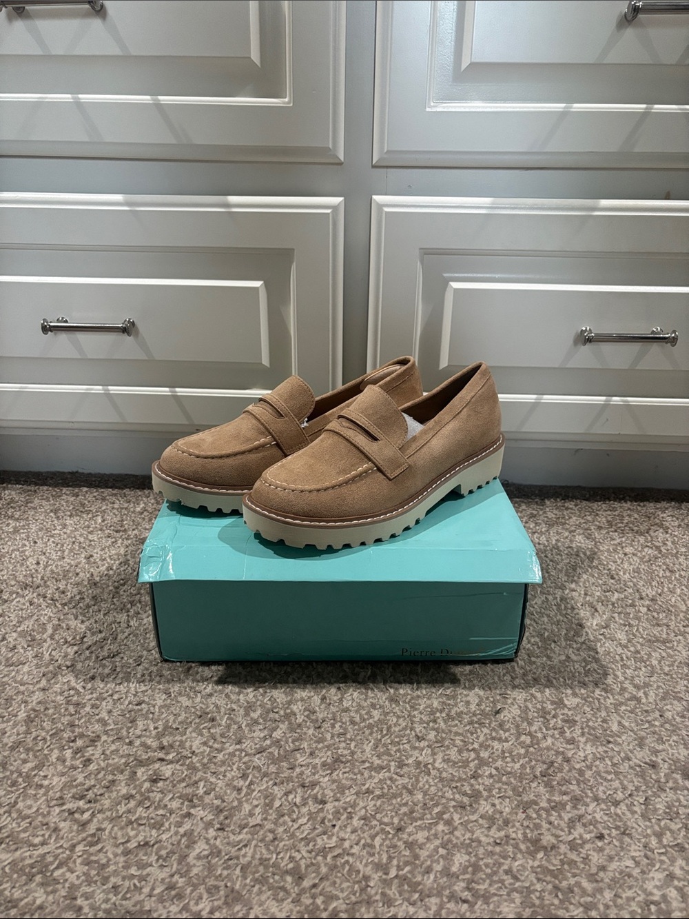 Pierre Dumas Tan Suede Penny Loafers with Lug Sole